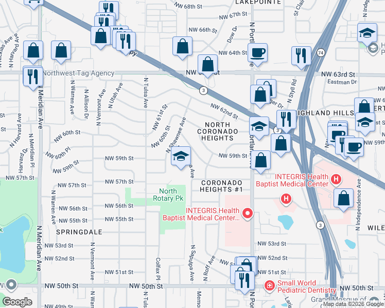 map of restaurants, bars, coffee shops, grocery stores, and more near 3933 Northwest 58th Terrace in Oklahoma City