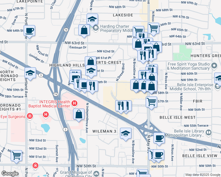 map of restaurants, bars, coffee shops, grocery stores, and more near in Oklahoma City