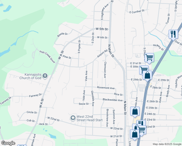 map of restaurants, bars, coffee shops, grocery stores, and more near 2917 Glendale Avenue in Kannapolis