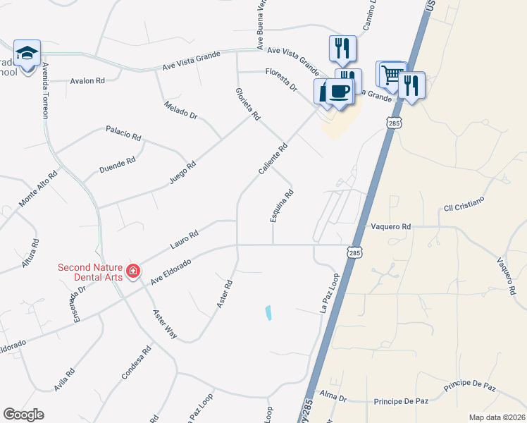 map of restaurants, bars, coffee shops, grocery stores, and more near 23 Caliente Road in Santa Fe