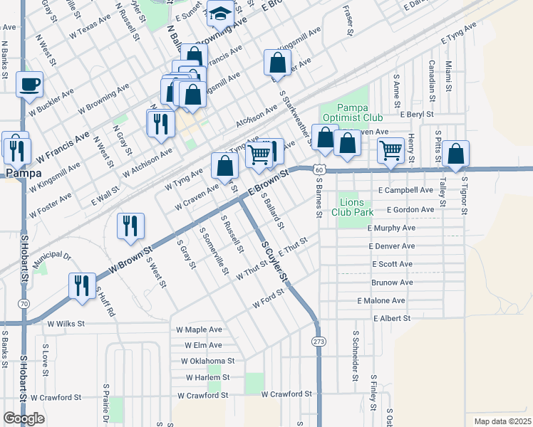 map of restaurants, bars, coffee shops, grocery stores, and more near 506-508 South Ballard Street in Pampa