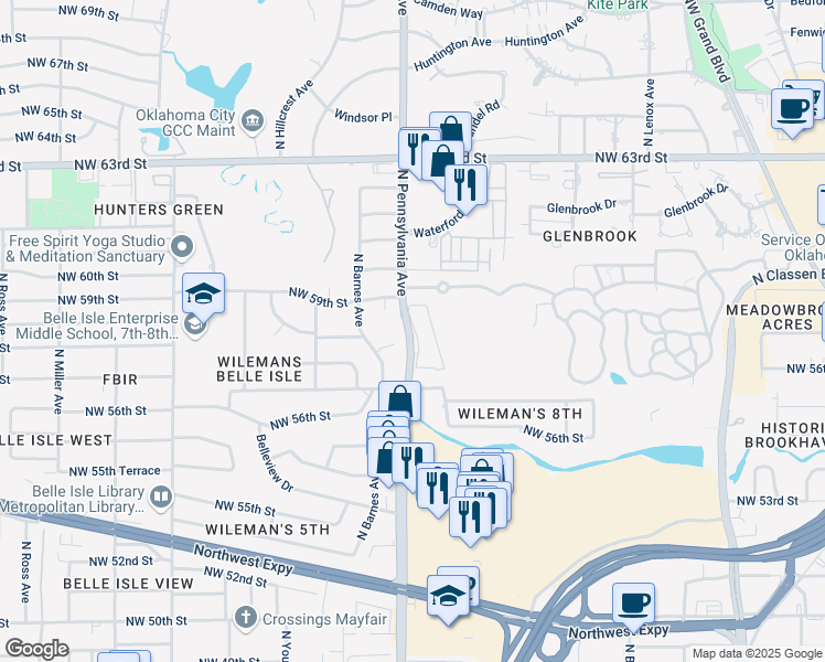 map of restaurants, bars, coffee shops, grocery stores, and more near 5912 North Pennsylvania Avenue in Oklahoma City