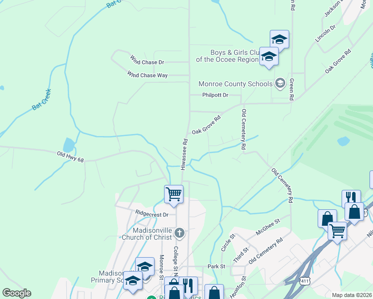 map of restaurants, bars, coffee shops, grocery stores, and more near 230 Hiwassee Road in Madisonville