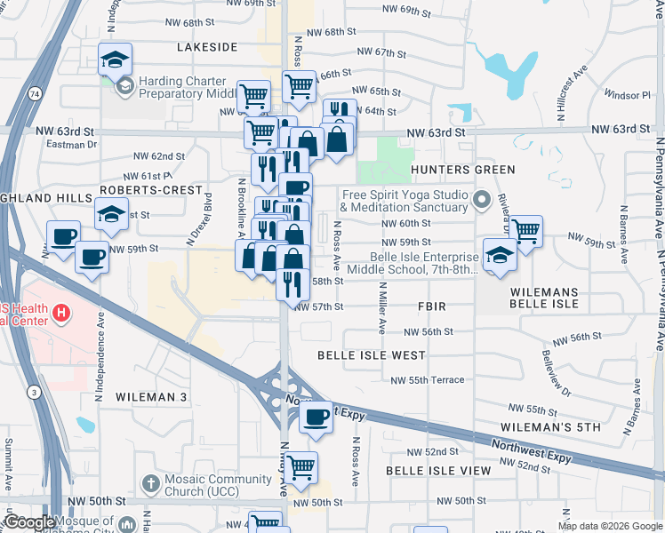 map of restaurants, bars, coffee shops, grocery stores, and more near 5920 North Ross Avenue in Oklahoma City