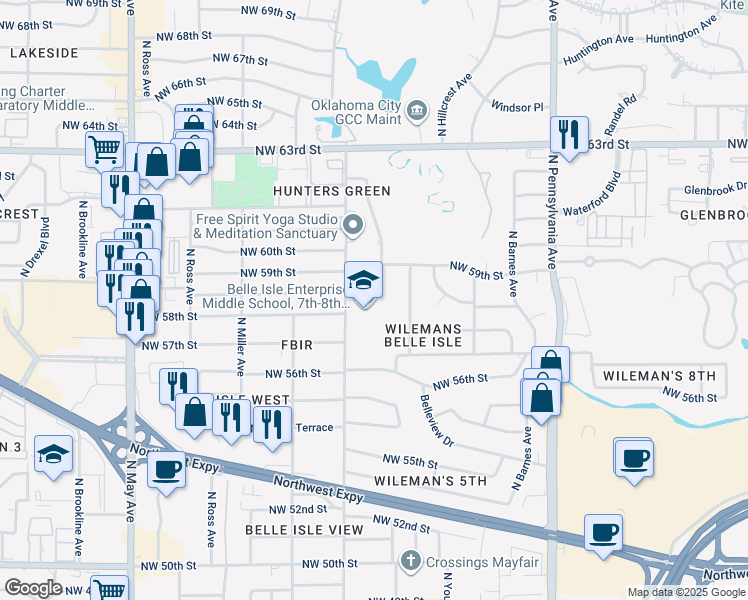 map of restaurants, bars, coffee shops, grocery stores, and more near 5904 North Villa Avenue in Oklahoma City