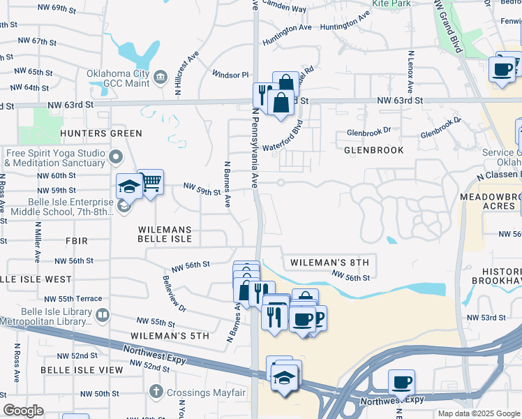 map of restaurants, bars, coffee shops, grocery stores, and more near 5912 North Pennsylvania Avenue in Oklahoma City