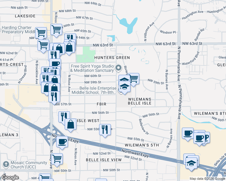 map of restaurants, bars, coffee shops, grocery stores, and more near 2508 Northwest 59th Street in Oklahoma City