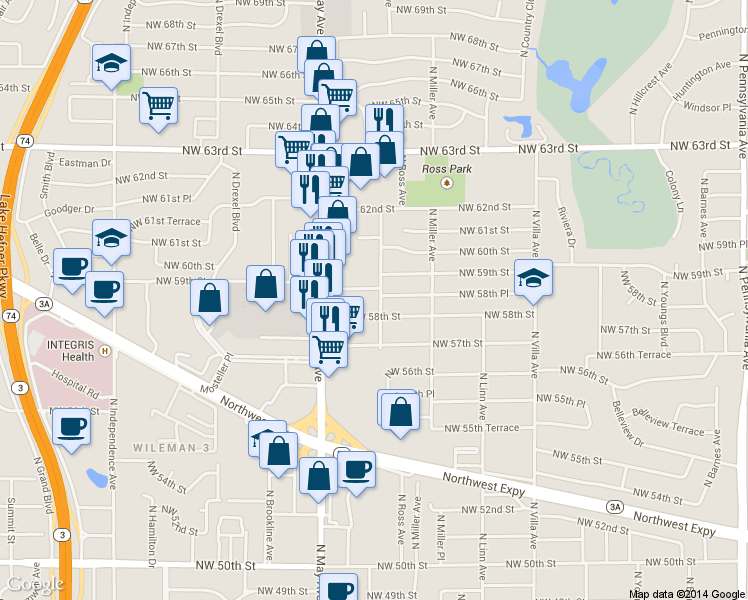 map of restaurants, bars, coffee shops, grocery stores, and more near 5920 North Ross Avenue in Oklahoma City