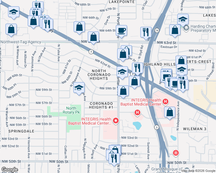 map of restaurants, bars, coffee shops, grocery stores, and more near 3733 Northwest 59th Terrace in Oklahoma City