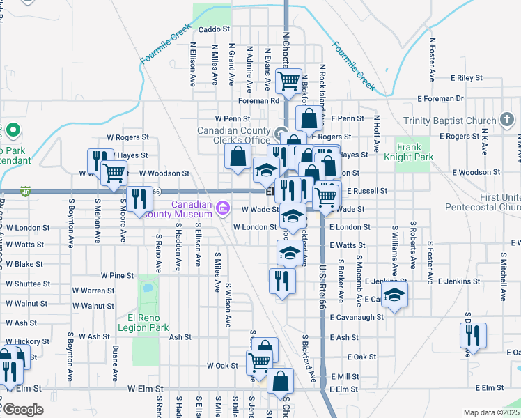 map of restaurants, bars, coffee shops, grocery stores, and more near 211 Sunset Drive in El Reno