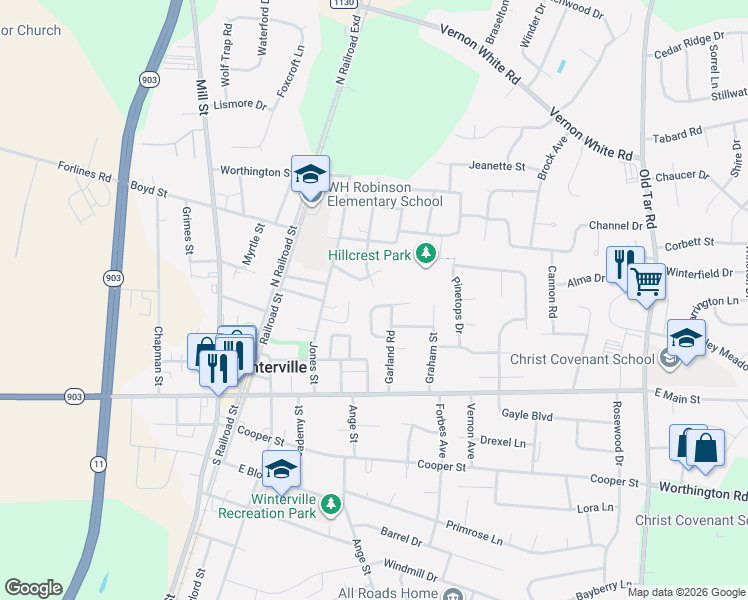 map of restaurants, bars, coffee shops, grocery stores, and more near 328-330 Knox Street in Winterville