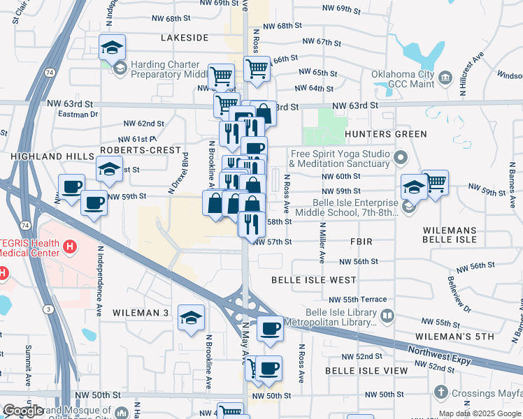 map of restaurants, bars, coffee shops, grocery stores, and more near 6 Northwest 59th Street in Oklahoma City