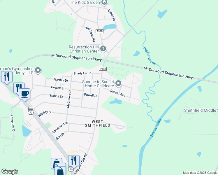 map of restaurants, bars, coffee shops, grocery stores, and more near 105 Sunset Avenue in Smithfield