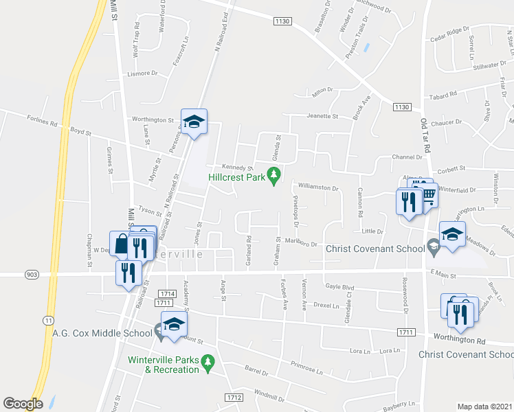 map of restaurants, bars, coffee shops, grocery stores, and more near 379 Johnson Lane in Winterville