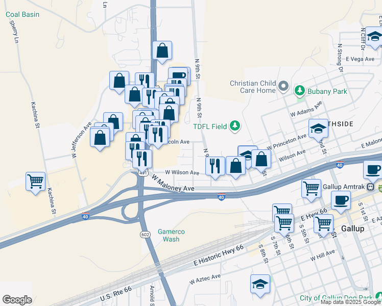 map of restaurants, bars, coffee shops, grocery stores, and more near 1001-1065 West Lincoln Avenue in Gallup