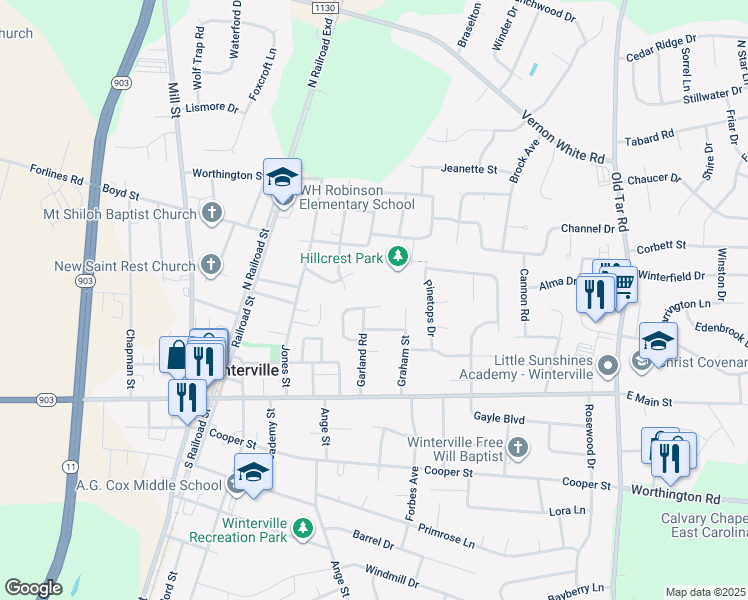 map of restaurants, bars, coffee shops, grocery stores, and more near 379 Johnson Lane in Winterville