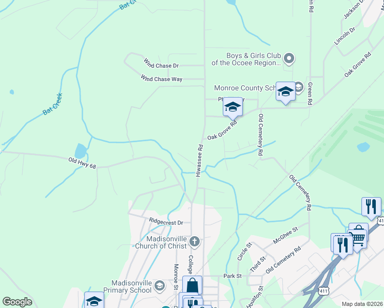 map of restaurants, bars, coffee shops, grocery stores, and more near 230 Hiwassee Road in Madisonville