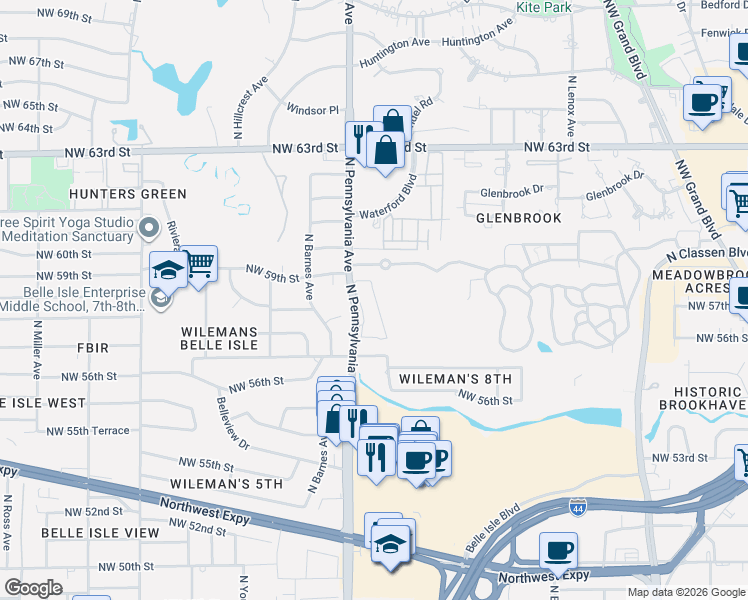 map of restaurants, bars, coffee shops, grocery stores, and more near 5912 North Pennsylvania Avenue in Oklahoma City