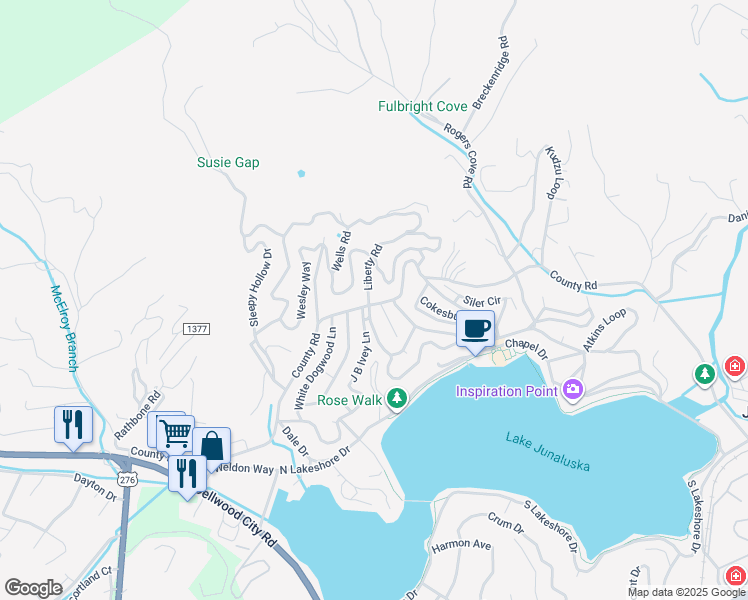 map of restaurants, bars, coffee shops, grocery stores, and more near 44 Liberty Road in Waynesville