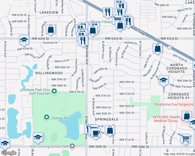map of restaurants, bars, coffee shops, grocery stores, and more near 4333 Northwest 60th Place in Oklahoma City