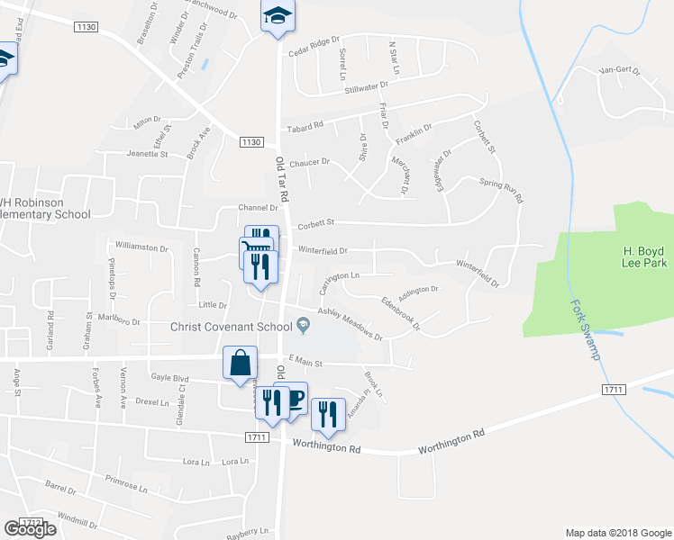 map of restaurants, bars, coffee shops, grocery stores, and more near 655 Carrington Lane in Winterville