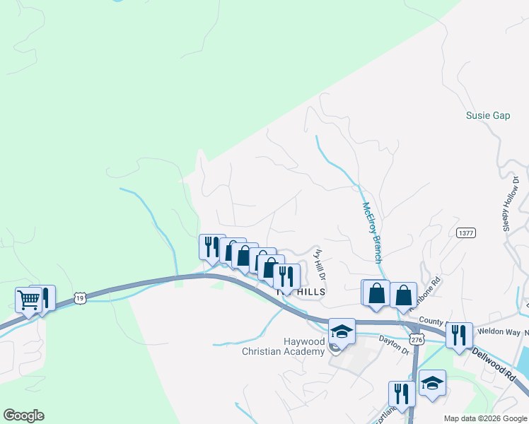 map of restaurants, bars, coffee shops, grocery stores, and more near 35 Forest Park Drive in Waynesville