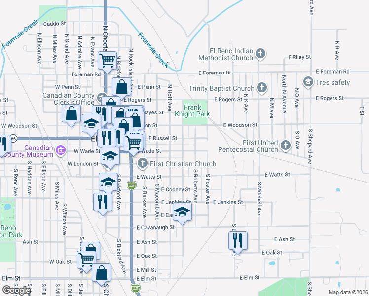 map of restaurants, bars, coffee shops, grocery stores, and more near 200 South Williams Avenue in El Reno