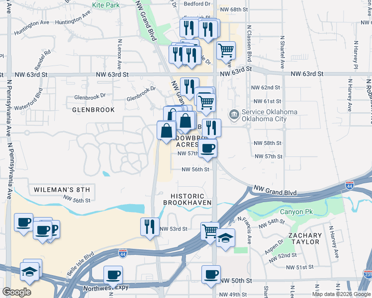 map of restaurants, bars, coffee shops, grocery stores, and more near 1156 Northwest 58th Street in Oklahoma City
