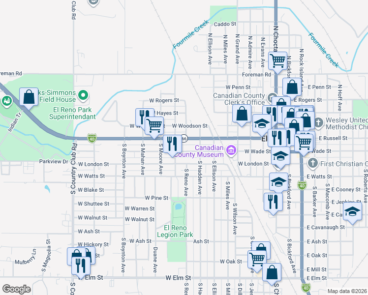 map of restaurants, bars, coffee shops, grocery stores, and more near 913 Sunset Drive in El Reno