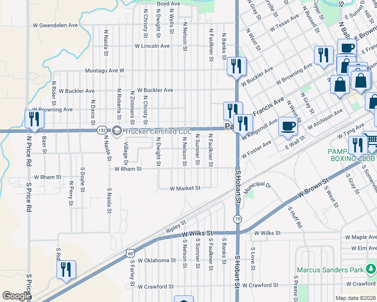 map of restaurants, bars, coffee shops, grocery stores, and more near 201-287 North Sumner Street in Pampa