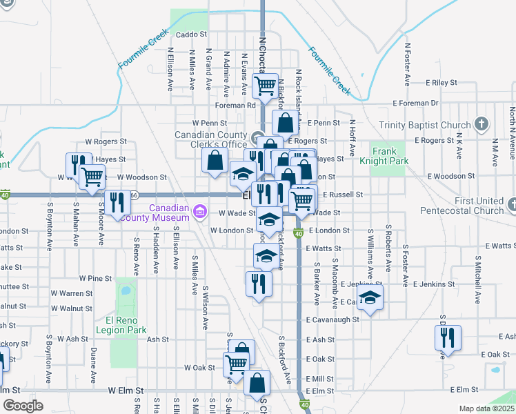 map of restaurants, bars, coffee shops, grocery stores, and more near 220 South Choctaw Avenue in El Reno