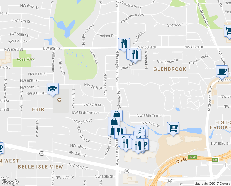 map of restaurants, bars, coffee shops, grocery stores, and more near 2104 Northwest 59th Circle in Oklahoma City