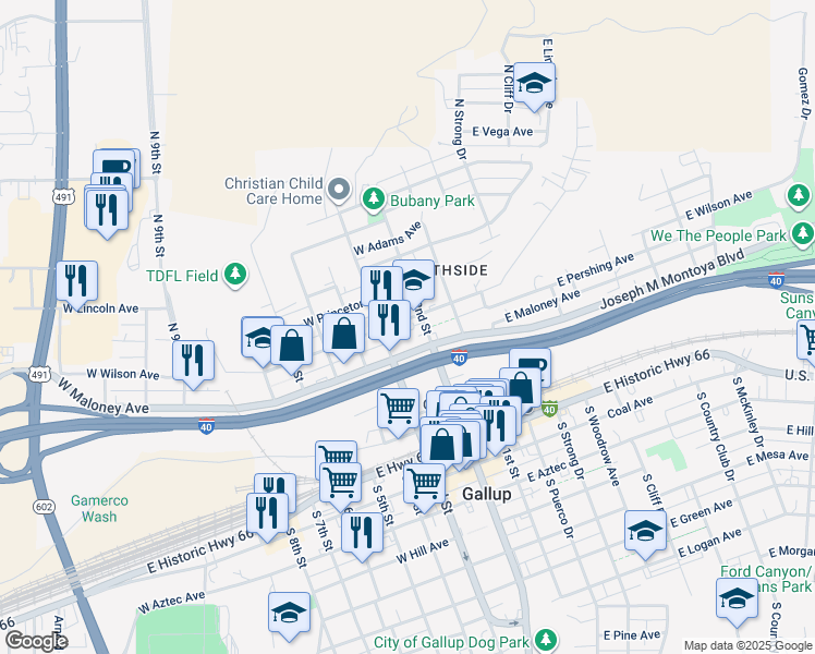 map of restaurants, bars, coffee shops, grocery stores, and more near 215 West Wilson Avenue in Gallup