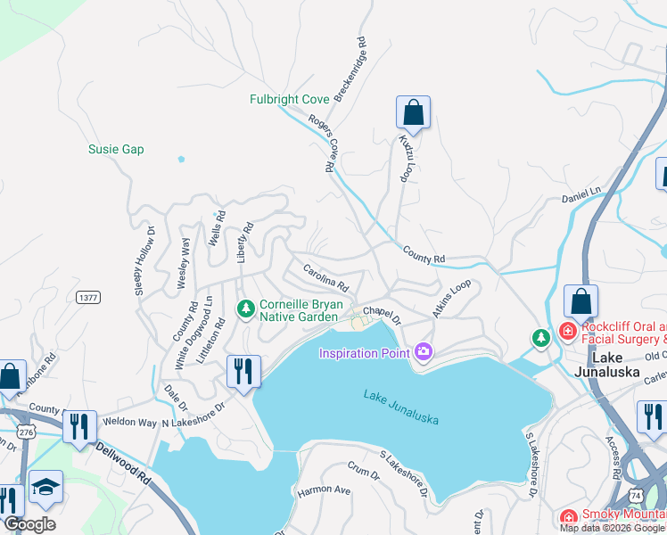 map of restaurants, bars, coffee shops, grocery stores, and more near 160 Siler Circle in Lake Junaluska