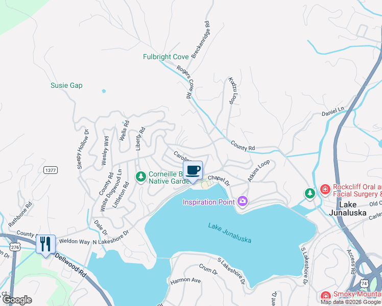 map of restaurants, bars, coffee shops, grocery stores, and more near 160 Siler Circle in Lake Junaluska