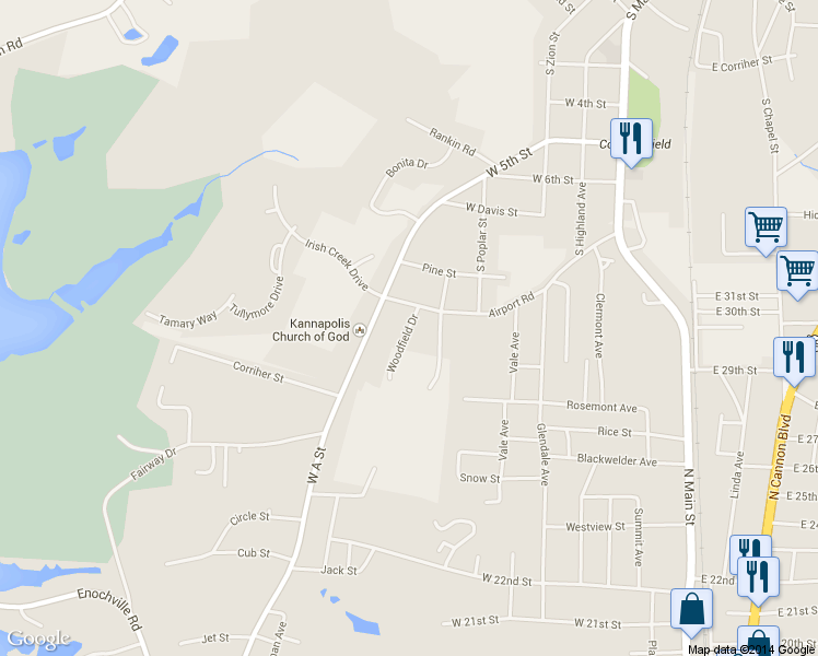 map of restaurants, bars, coffee shops, grocery stores, and more near 1010 Woodfield Drive in Kannapolis