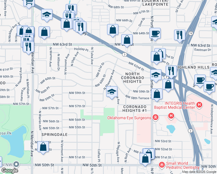 map of restaurants, bars, coffee shops, grocery stores, and more near 5953 North Sapulpa Avenue in Oklahoma City