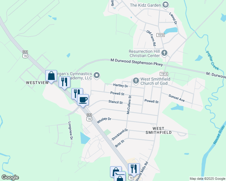 map of restaurants, bars, coffee shops, grocery stores, and more near 500 Powell Street in Smithfield