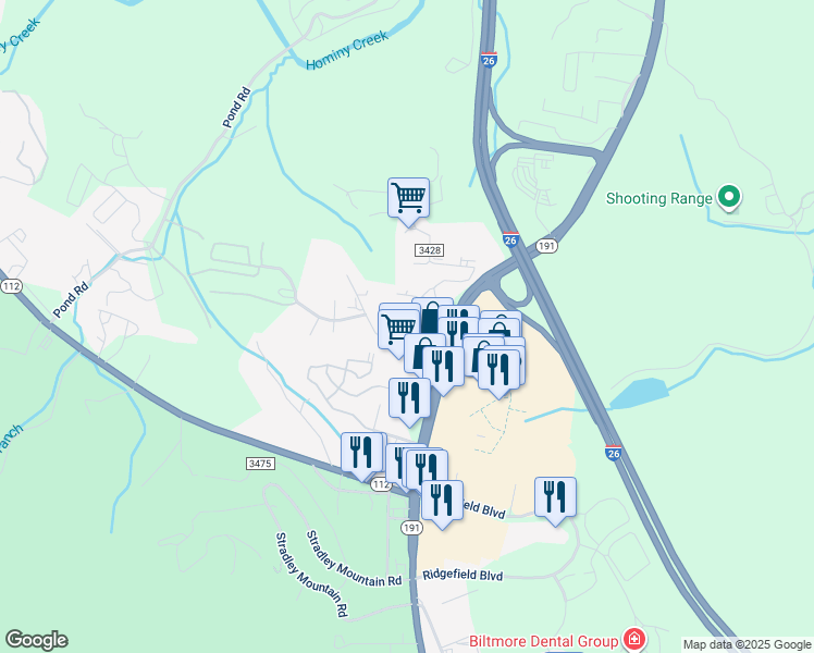 map of restaurants, bars, coffee shops, grocery stores, and more near 20 Wedgefield Drive in Asheville