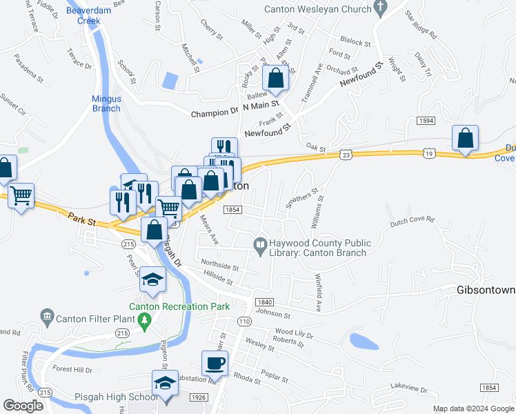 map of restaurants, bars, coffee shops, grocery stores, and more near 16 Oakland Circle in Canton
