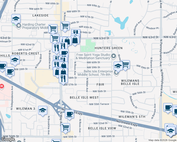 map of restaurants, bars, coffee shops, grocery stores, and more near 2616 Northwest 59th Street in Oklahoma City