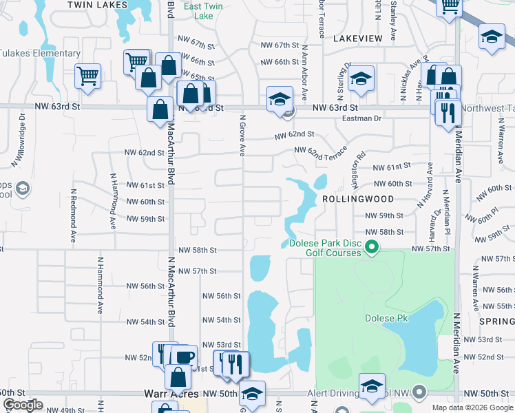 map of restaurants, bars, coffee shops, grocery stores, and more near 5025a Northwest 60th Street in Oklahoma City