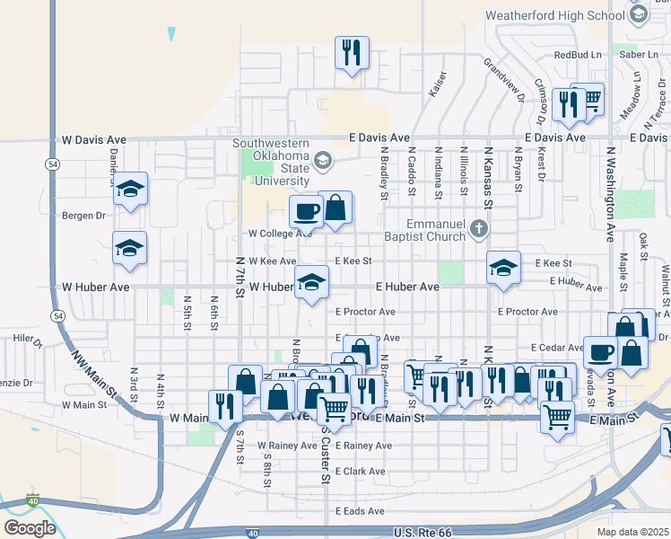 map of restaurants, bars, coffee shops, grocery stores, and more near 620 Custer Street in Weatherford