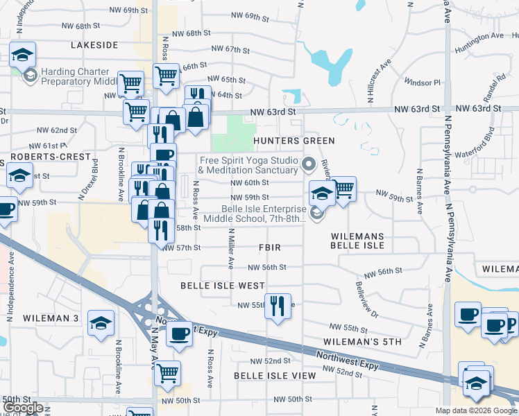 map of restaurants, bars, coffee shops, grocery stores, and more near 2528 Northwest 59th Street in Oklahoma City