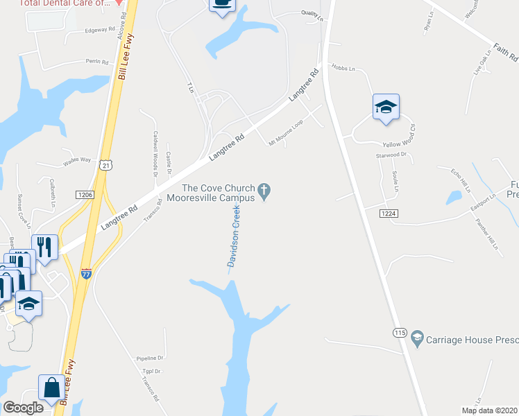 map of restaurants, bars, coffee shops, grocery stores, and more near 197 Langtree Road in Mooresville