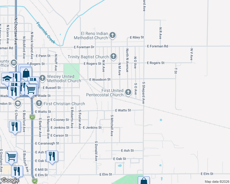 map of restaurants, bars, coffee shops, grocery stores, and more near 1201 Industrial Boulevard in El Reno