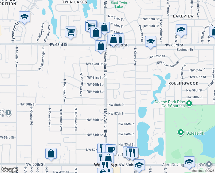 map of restaurants, bars, coffee shops, grocery stores, and more near 6134 North Macarthur Boulevard in Warr Acres