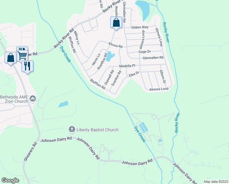 map of restaurants, bars, coffee shops, grocery stores, and more near 103 Elba Drive in Mooresville