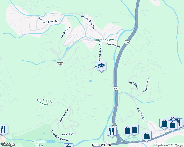 map of restaurants, bars, coffee shops, grocery stores, and more near 410 Hall Drive in Waynesville