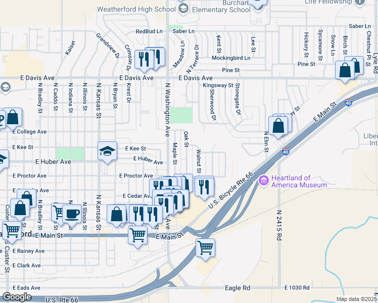 map of restaurants, bars, coffee shops, grocery stores, and more near 618 Oak Street in Weatherford